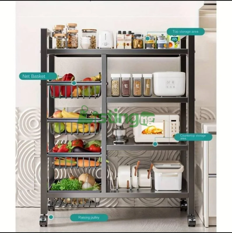 Multi-layer kitchen storage rack with baskets and wheels
