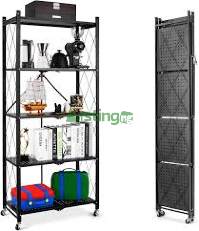5-tier foldable metal storage shelf with wheels